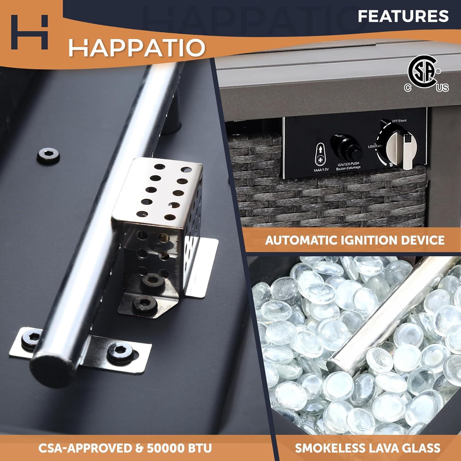 Fire Pit Table, HAPPATIO 42inch 50000 BTU Propane Fire Pit with Mental Fence Table Top, Lid, Black Glass Rock, CSA Safety Certified for Patio Balcony Backyard (Gray)